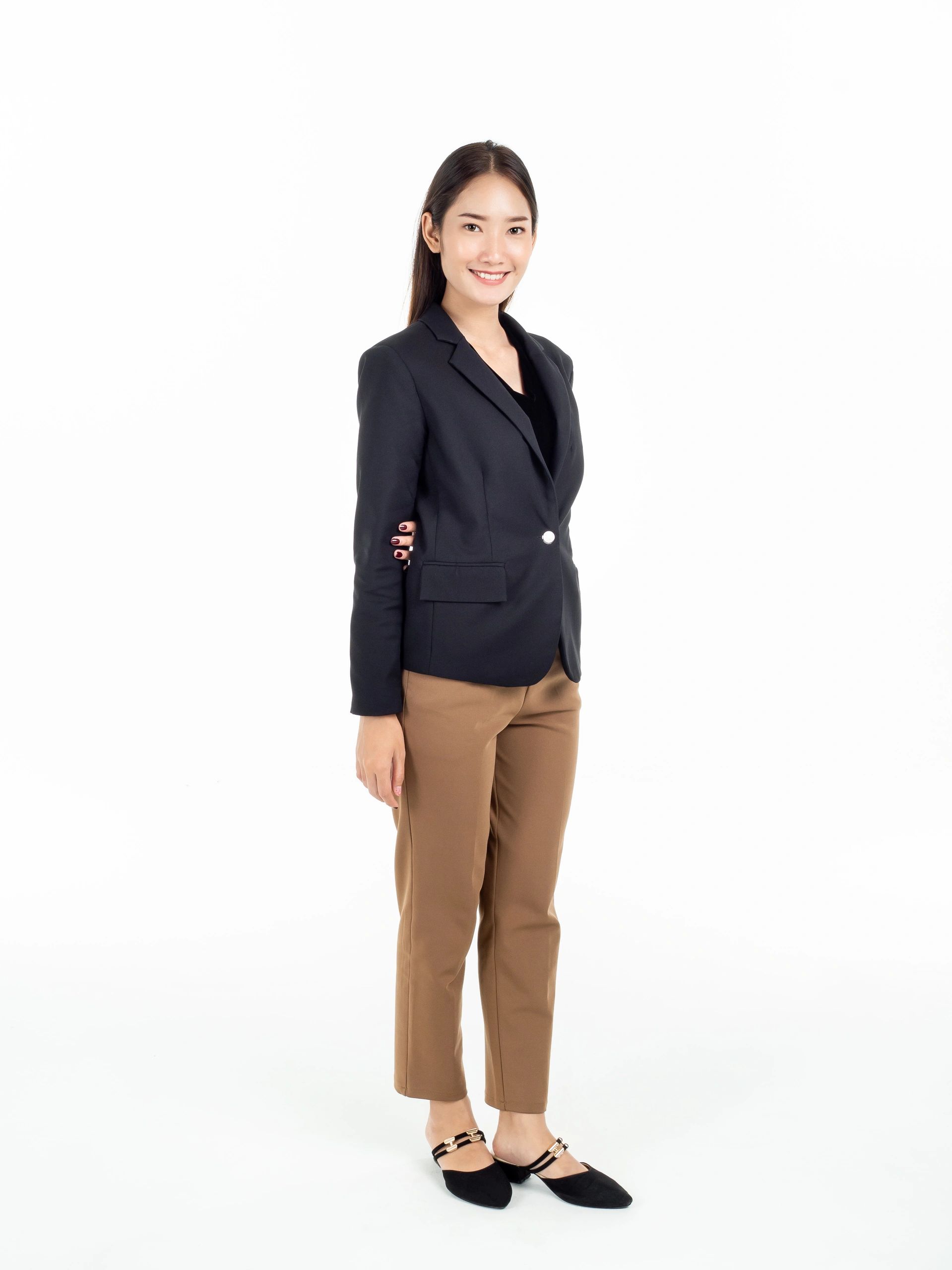 Woman in tailored black suit